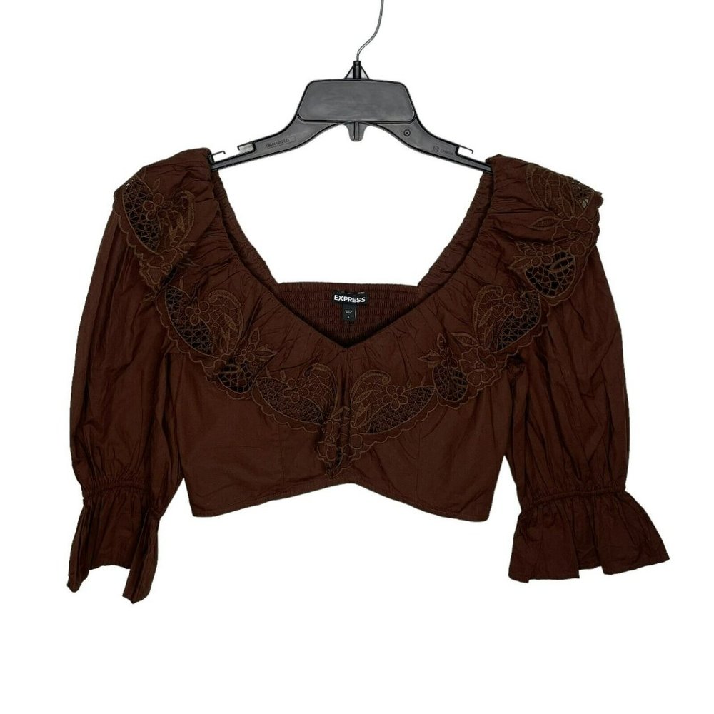 Express Brown Crop Top with Embroidered Details